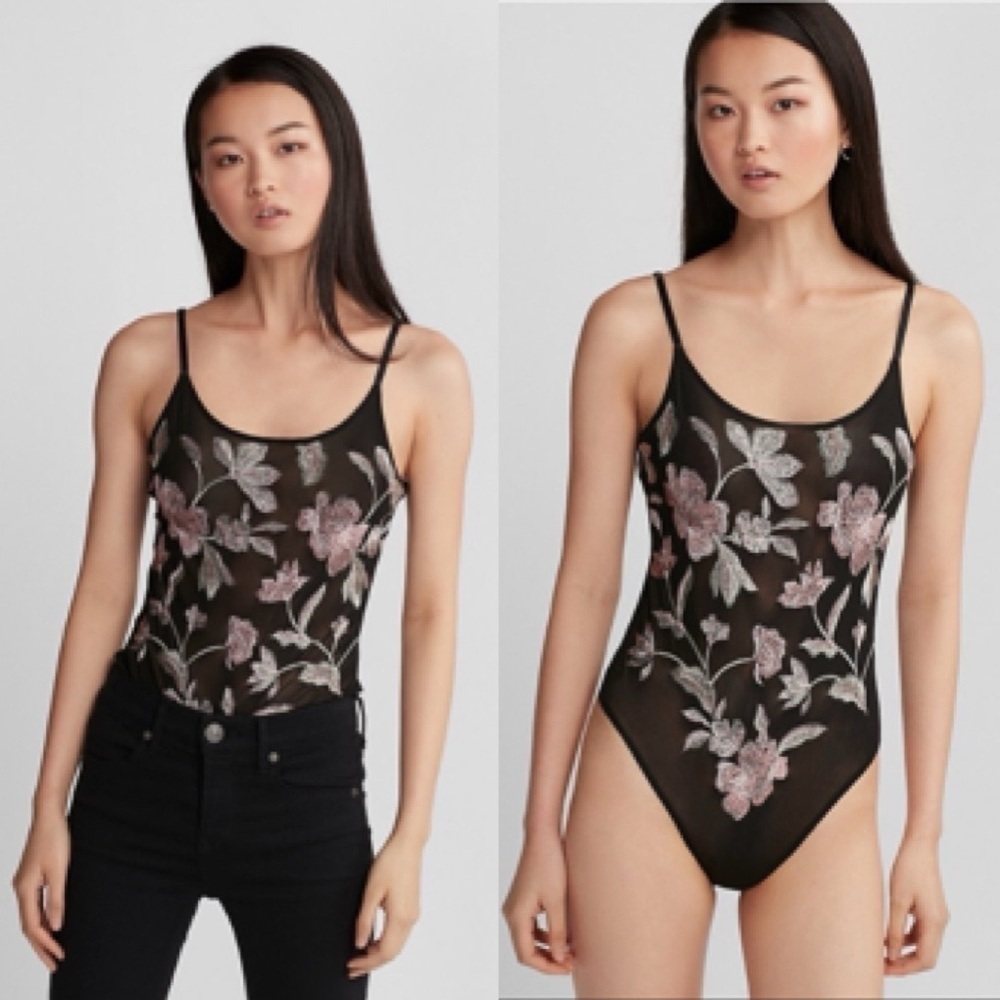 Express Black Sheer Bodysuit Pink Floral Embroidery Party Medium Going Out